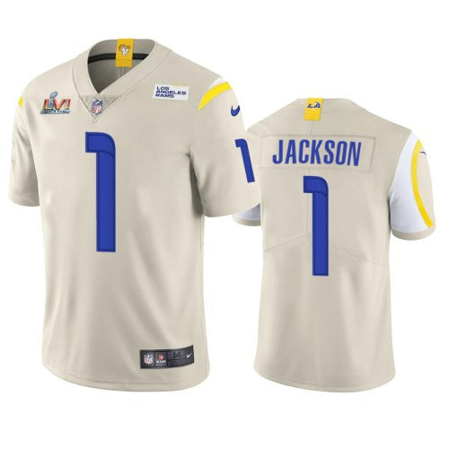 Los Angeles Los Angeles Rams #1 Desean Jackson Men's Super Bowl LVI Patch Nike Vapor Limited NFL Jersey - Bone Men's