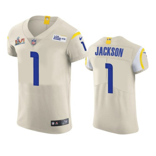 Los Angeles Los Angeles Rams #1 Desean Jackson Men's Super Bowl LVI Patch Nike Vapor Elite Player NFL Jersey - Bone Men's